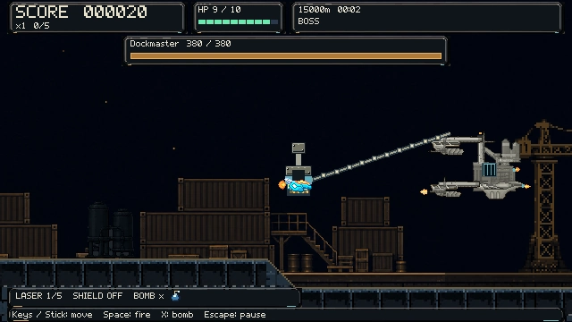 The player faces the Dockmaster boss and its industrial grabber arms.