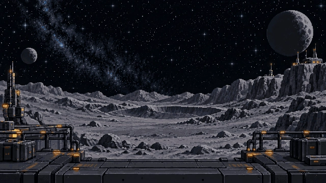 NOVA RUN’s pixel-art lunar outpost beneath a sky full of stars.