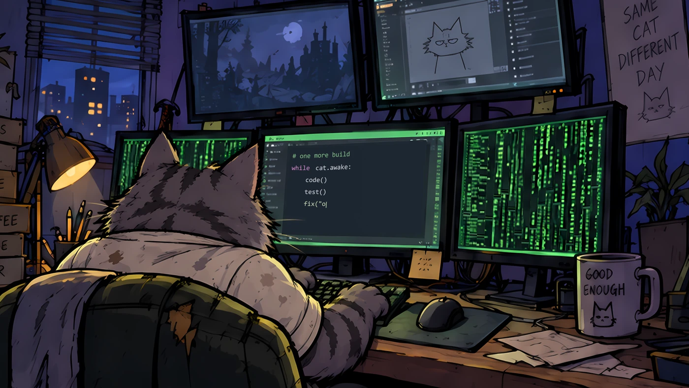 Our cat at a bank of monitors, working on one more build after dark.
